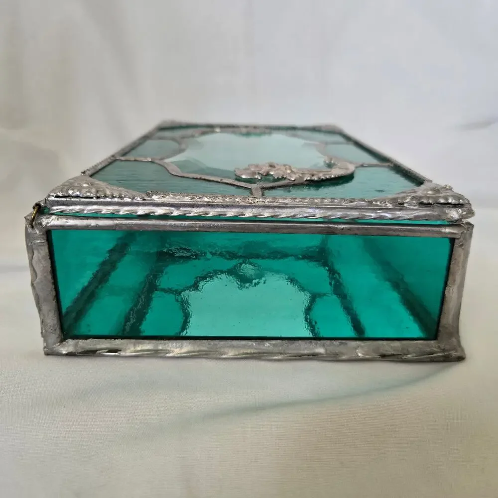 Teal Green Stained Glass Mirrored Jewelry Box Trinket Box Beveled and Waterglass